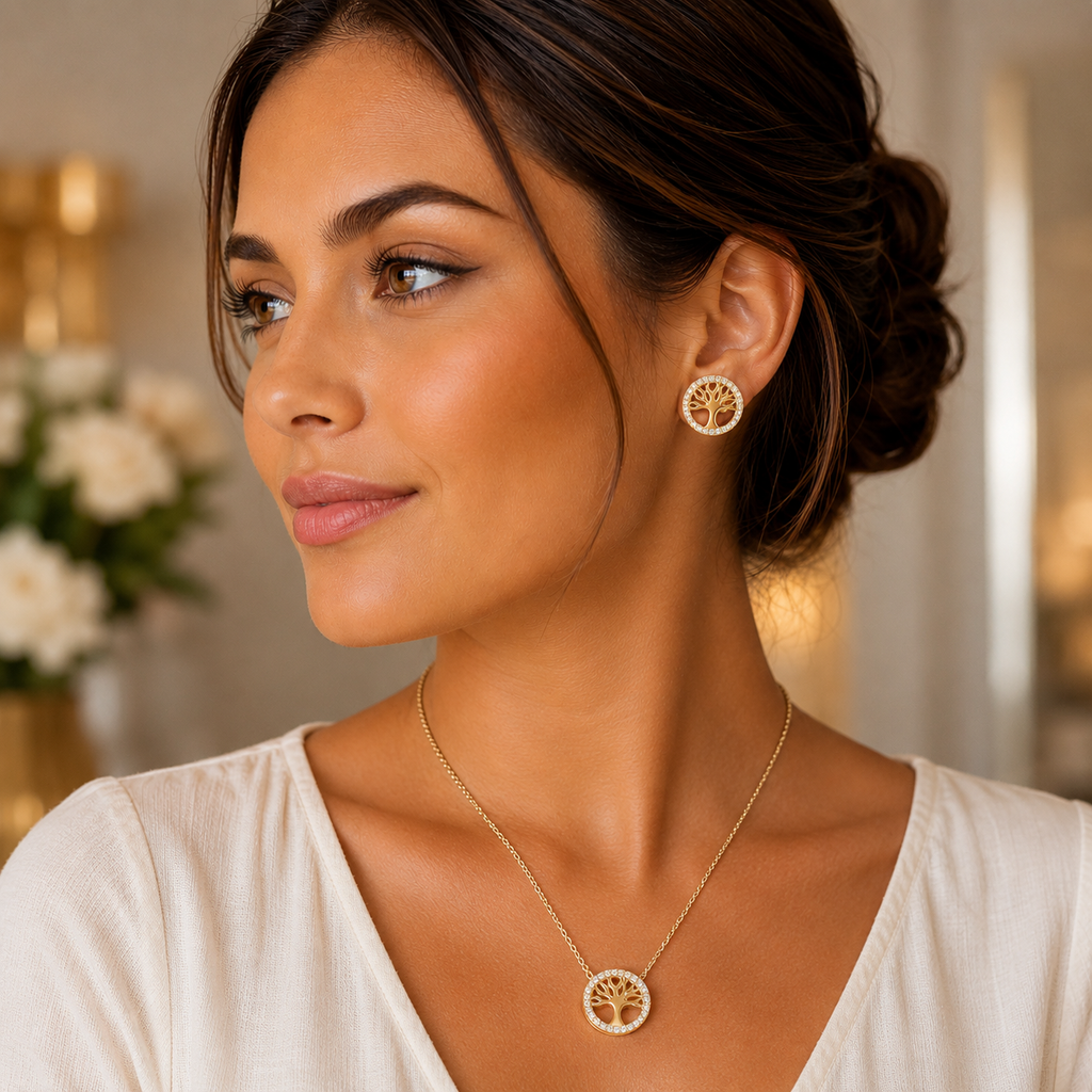 Tree of Life Rhinestone Jewelry Set – 14K Gold Plated S925 Silver