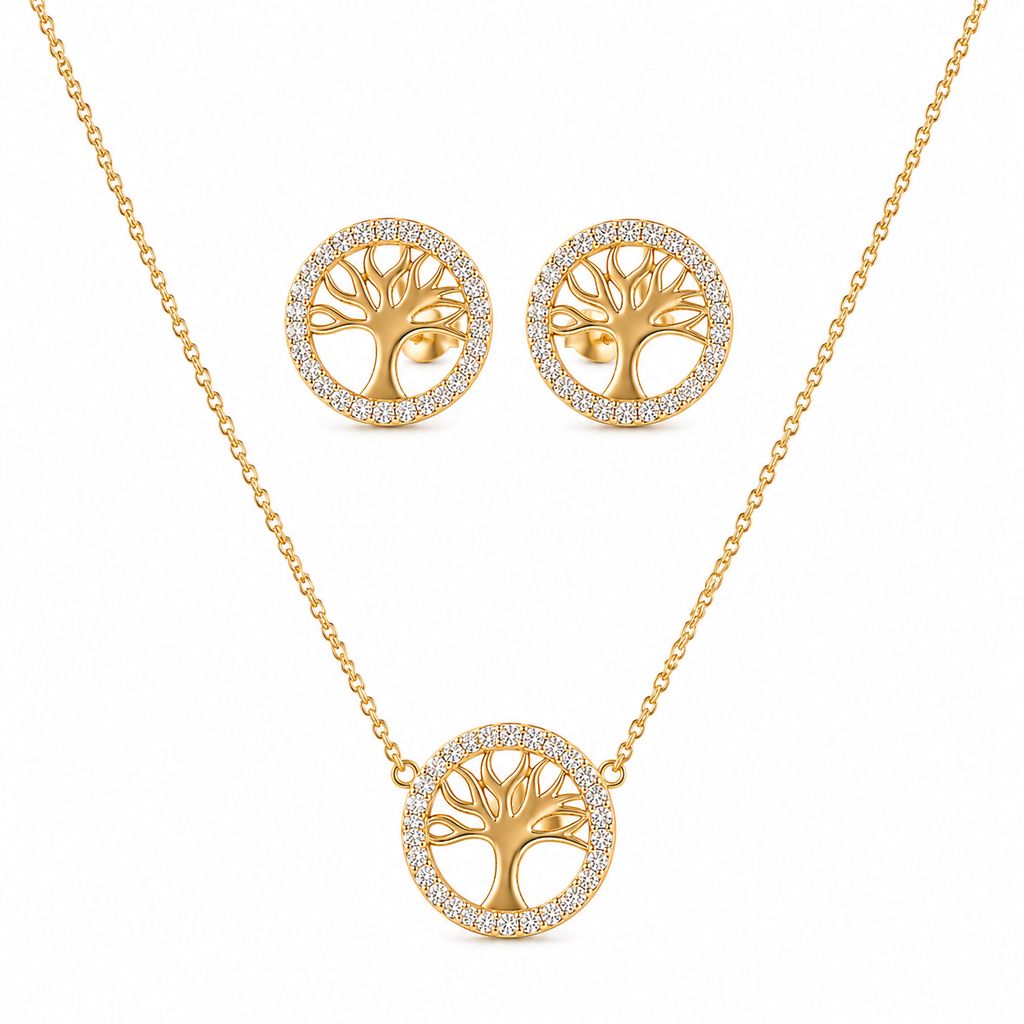 Tree of Life Rhinestone Jewelry Set – 14K Gold Plated S925 Silver