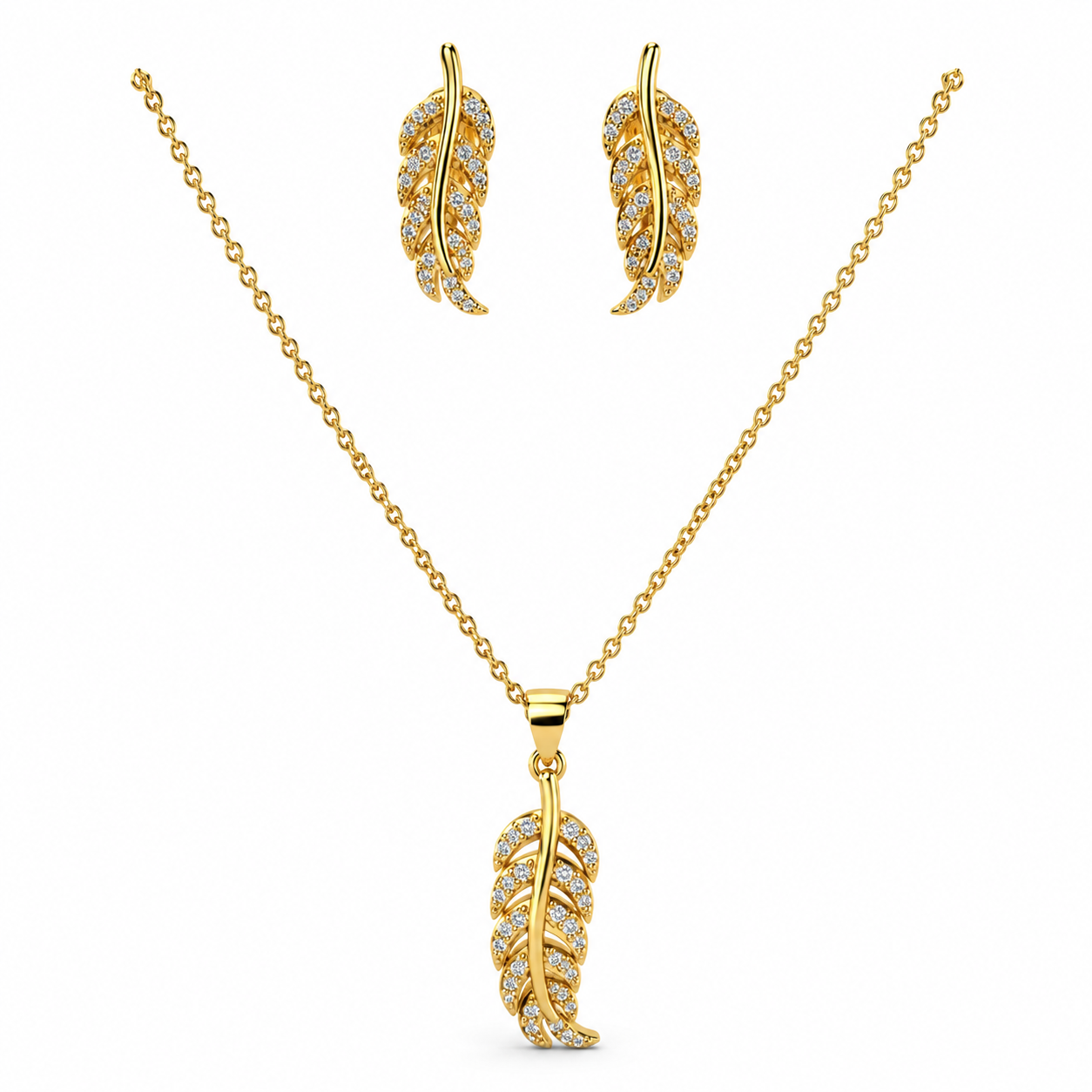 Golden Feather Crystal Jewelry Set – 14K Gold Plated S925 Silver