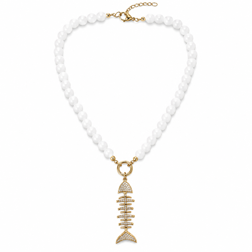 Crystal Fishbone Pearl Necklace – 14K Gold Plated S925 Silver