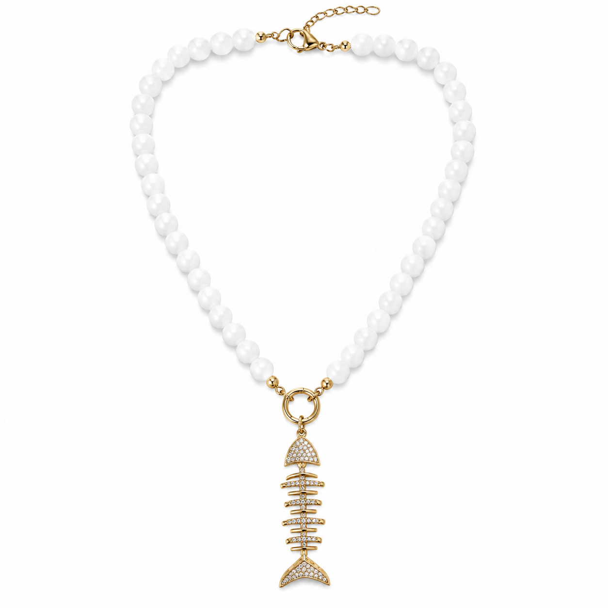 Crystal Fishbone Pearl Necklace – 14K Gold Plated S925 Silver