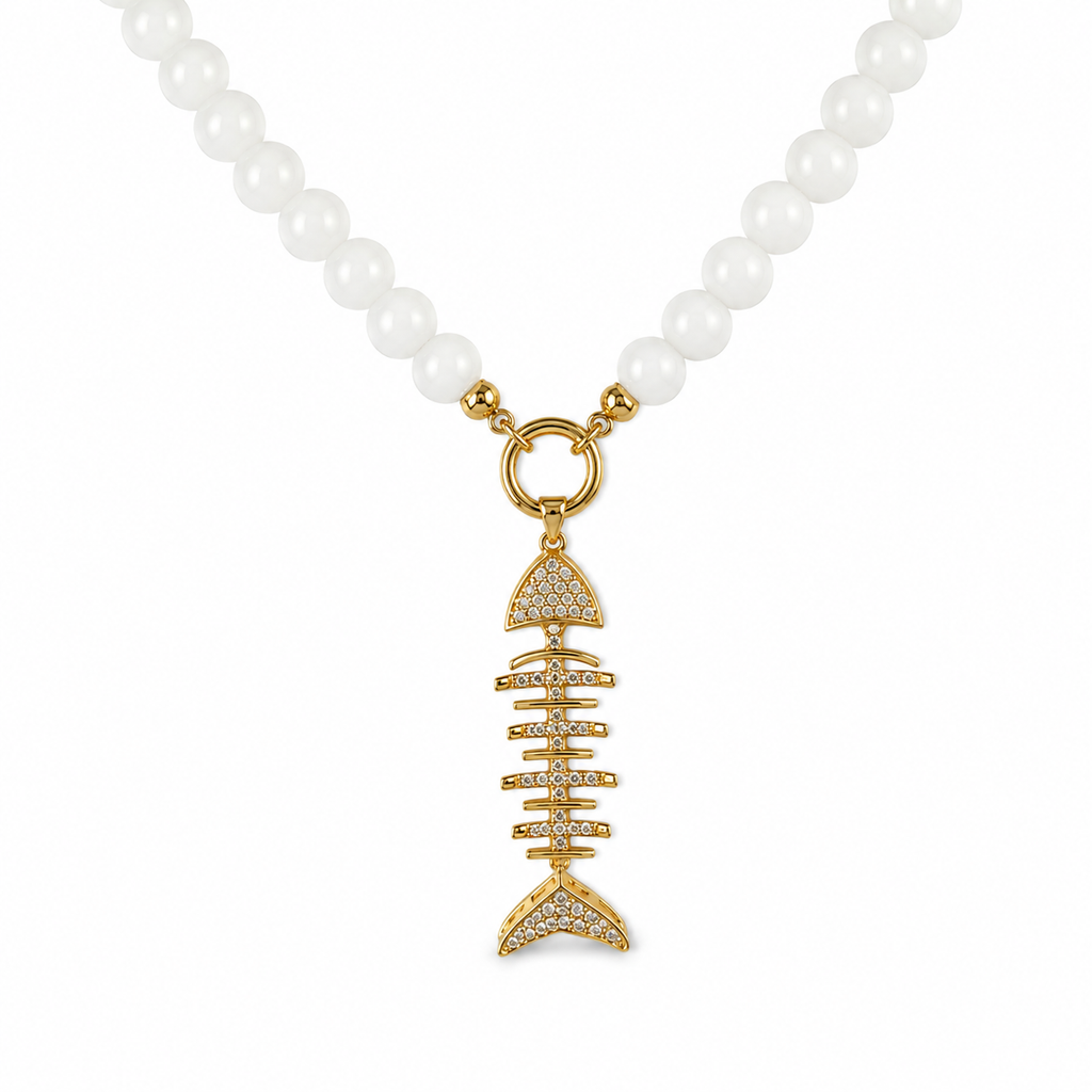 Crystal Fishbone Pearl Necklace – 14K Gold Plated S925 Silver