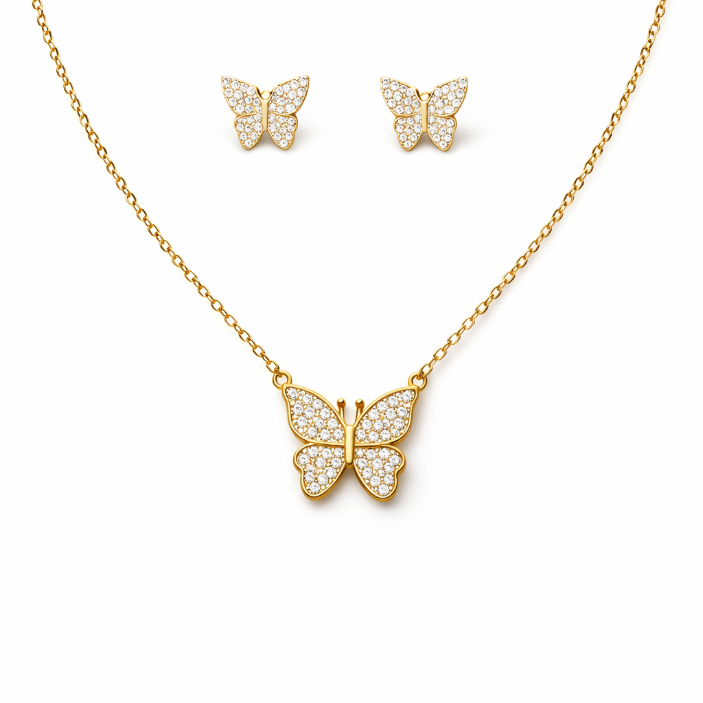 RHINESTONE BUTTERFLY NECKLACE AND EARRINGS